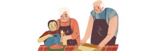 Dziadkowie uczą wnuka gotować